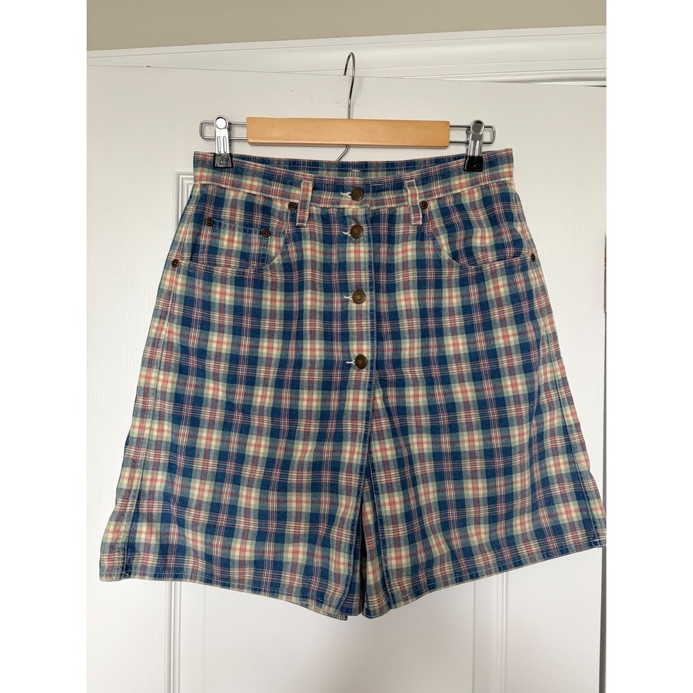 Vintage Liz Claiborne Lizwear Plaid Skort Blue Orange Cotton Button Front Size 8